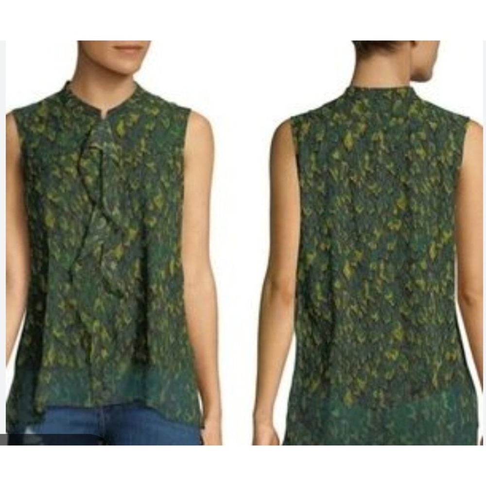 Donna Karan NY Green Silk Ruffle Front Sleeveless Blouse Top Large Corpcore